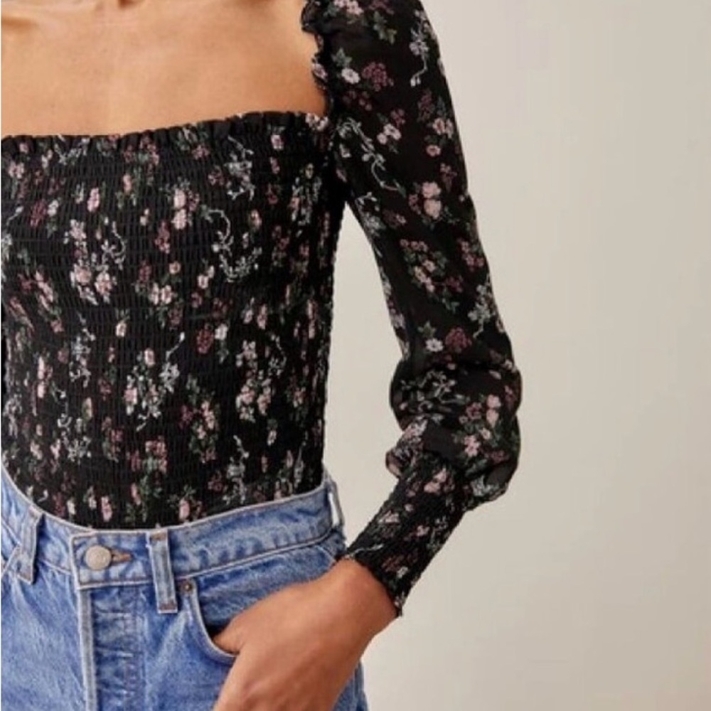 Reformation Black Jolene Pinto‎ Floral  Smocked Square-Neck Long-Sleeve Top NWT